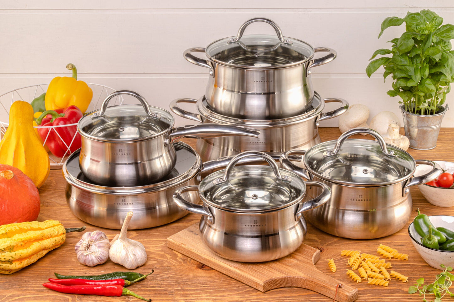 Edelstahl-Kochgeschirr 12-teiliges mit Teflon-Pfanne und Deckel Edenberg EB-2420 – Vielseitige Töpfe für gesundes Kochen