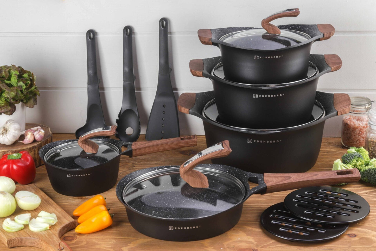 Antihaft-Kochgeschirrset 15-teilig, schwarz, Edenberg EB-9184 – Langlebige Töpfe und Pfannen für gesundes Kochen